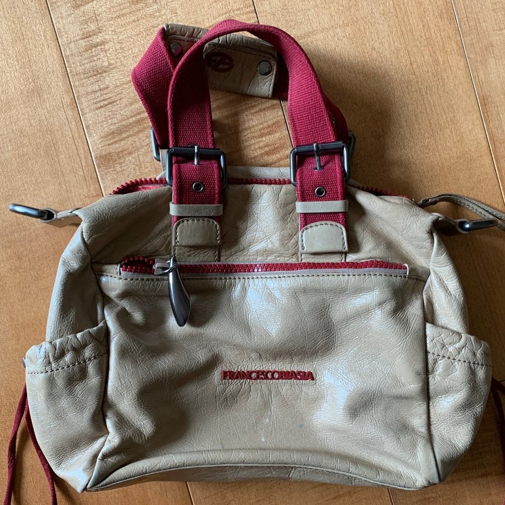 Beige Leather satchel bag with burgundy straps